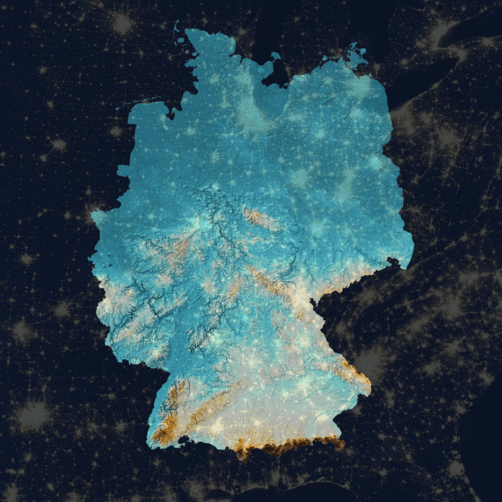 Deutschlandkarte bei Nacht – Symbolbild für regionale Strompreiszonen und unterschiedliche Preisregionen im Strommarkt.